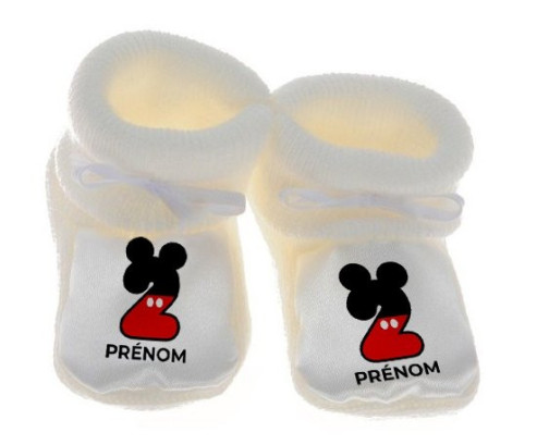 Chausson bébé Disney Mickey  Numéro 2 avec prénom de couleur Blanc